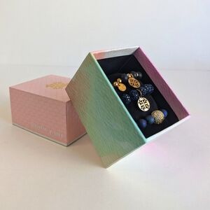 Rustic Cuff Box Set/ 3 Stretch Bracelets Shamballa, Painted Wood Navy Black Gold